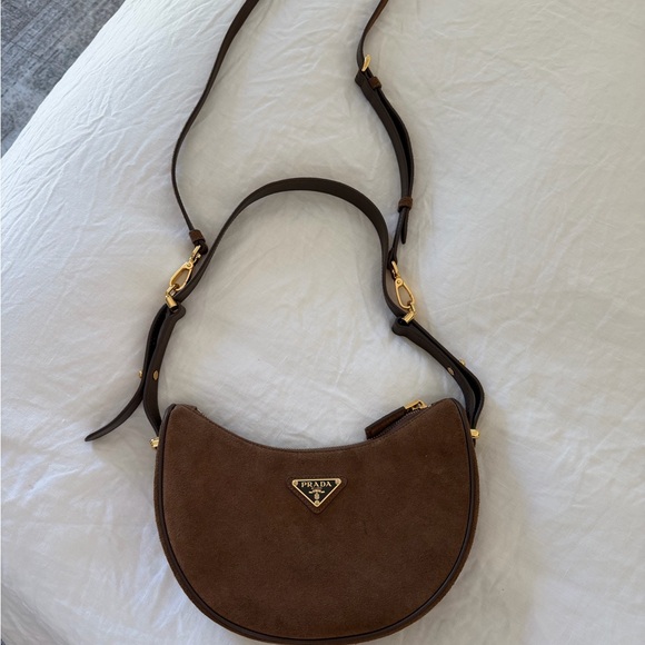 Prada Handbags - Prada Brown Suede Crescent Crossbody Bag